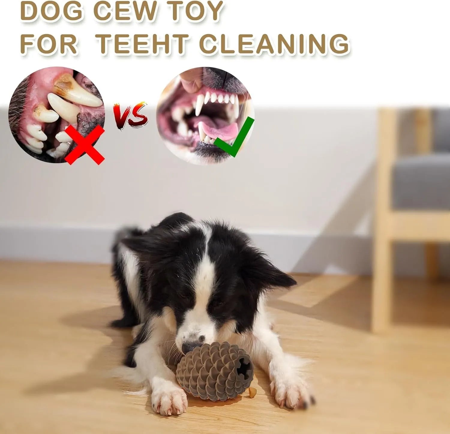 Yellow natural rubber pine cone-shaped dog toy with treat dispenser hole for medium and large dogs.