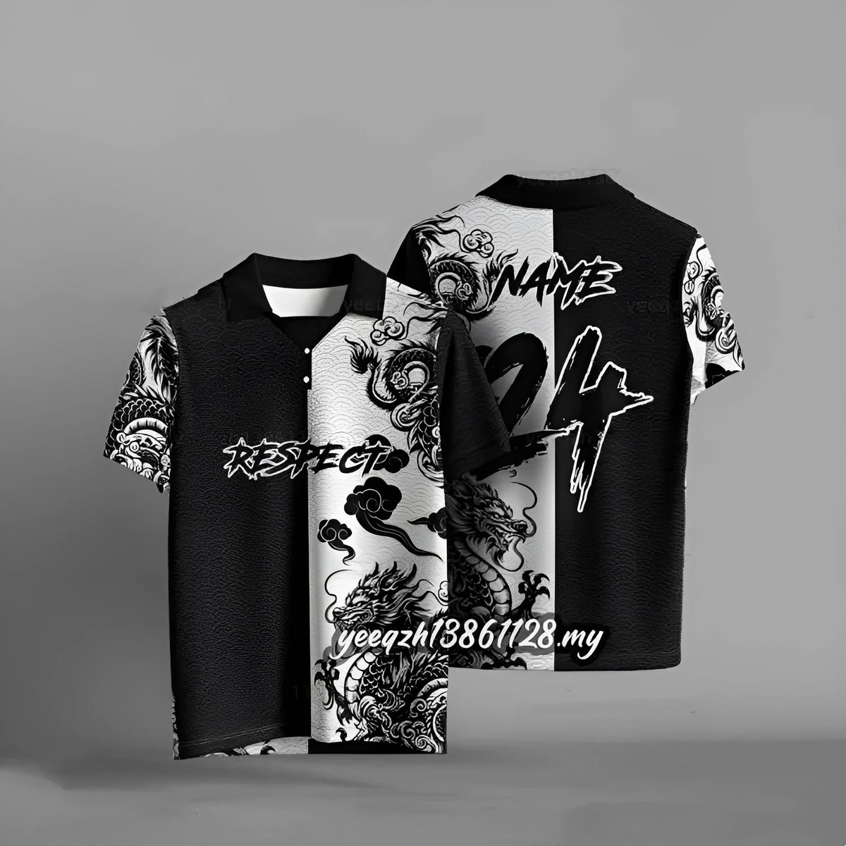 Black loose fit T-shirt with 3D printed graphic design, short sleeves, available sizes S to 6XL