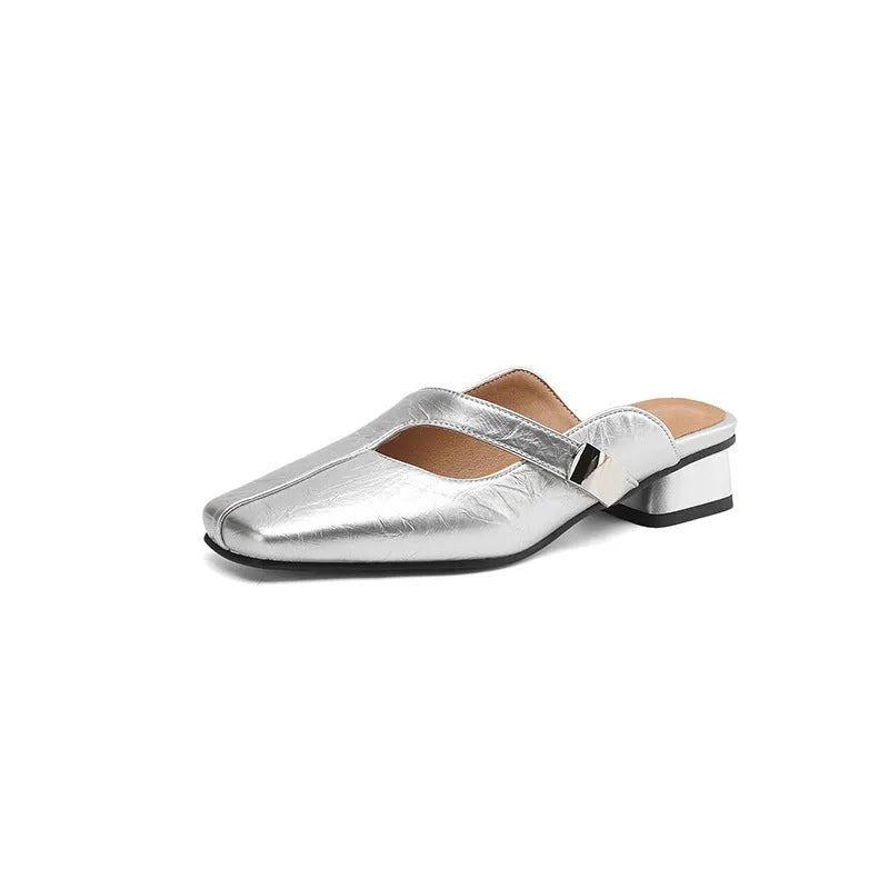 British style square toe outdoor slippers in black with artificial PU upper and rubber sole