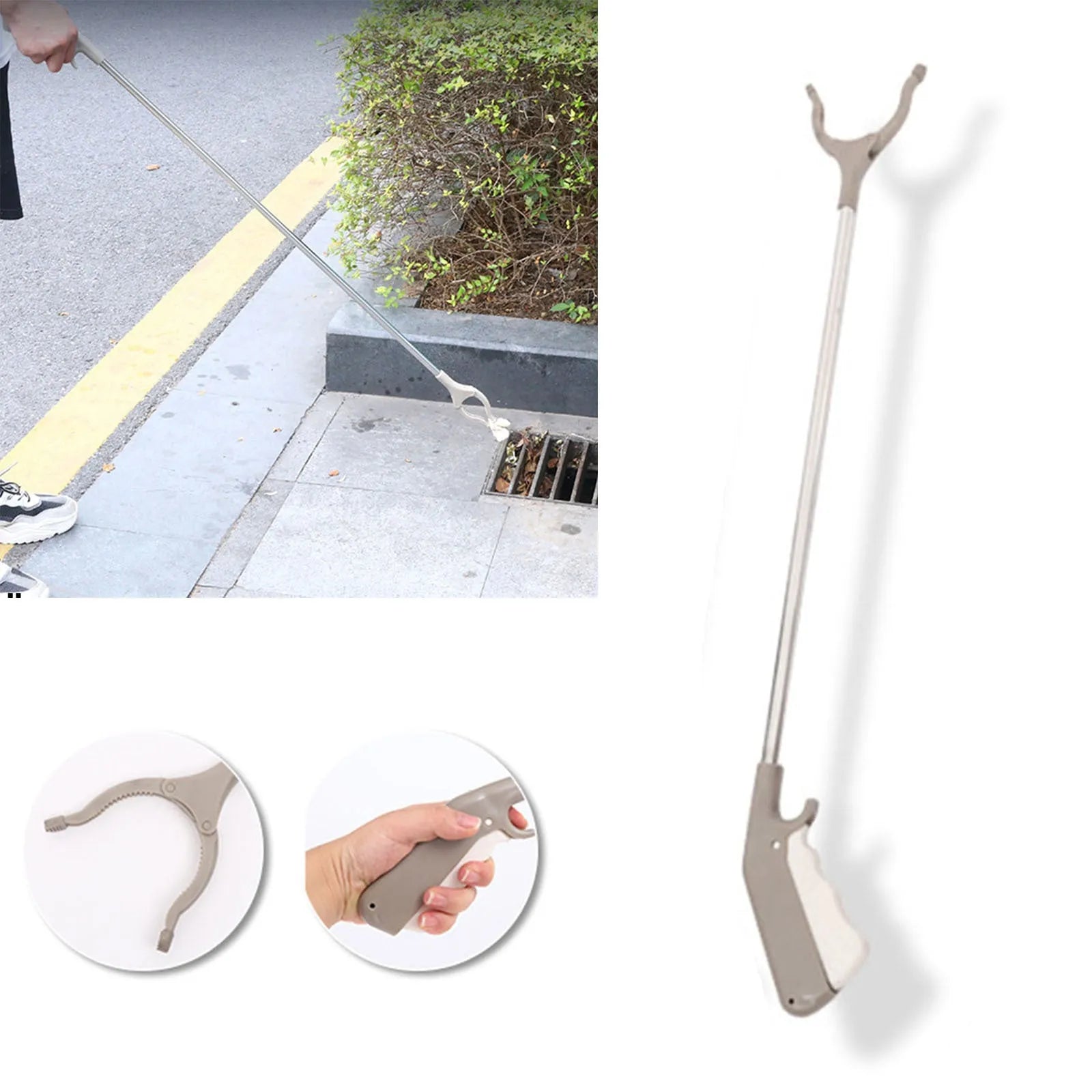 Stainless steel reacher grabber tool with push handle and non-slip chuck, 40cm long.
