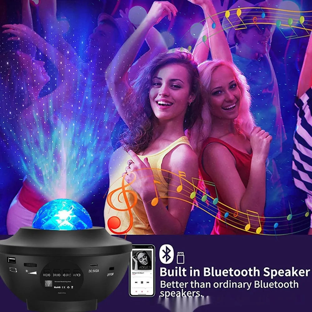 Black parallel starry sky projection lamp with water ripple laser effects and Bluetooth speaker
