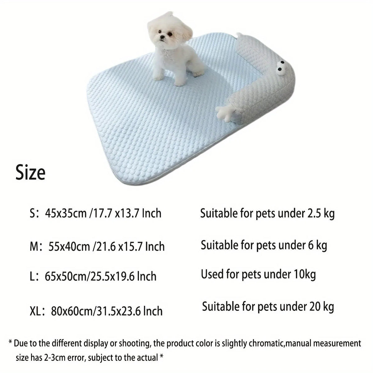 Blue pet bed cushion with big-eyed monster design for dogs and cats on a wooden floor.