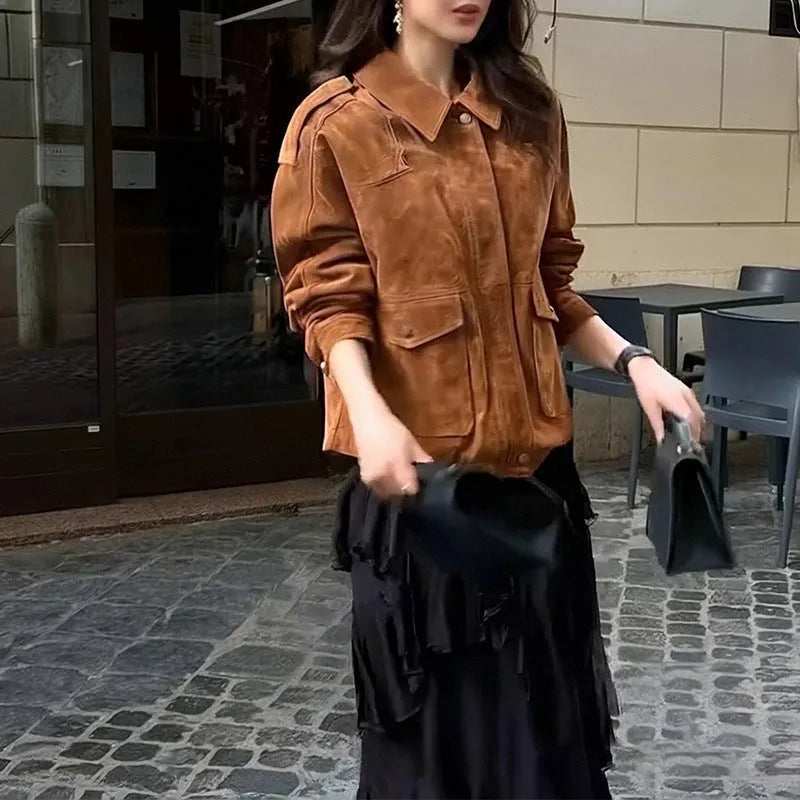Women's brown suede-look polyester coat with regular sleeves in multiple sizes