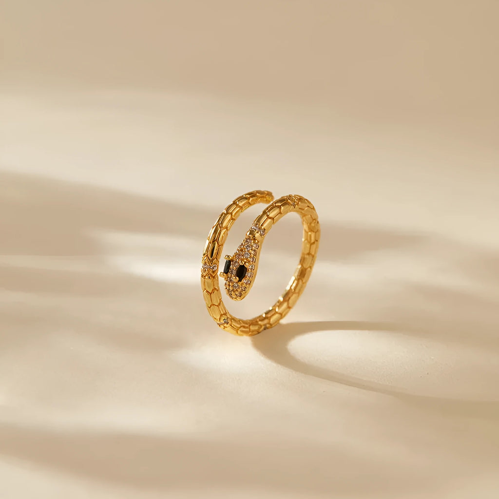 Adjustable snake-shaped copper ring with diamond treatment and 18K gold plating for index finger