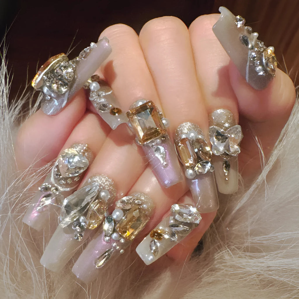 Luxury rhinestone false nail manicure set with phototherapy sealing layer in S size