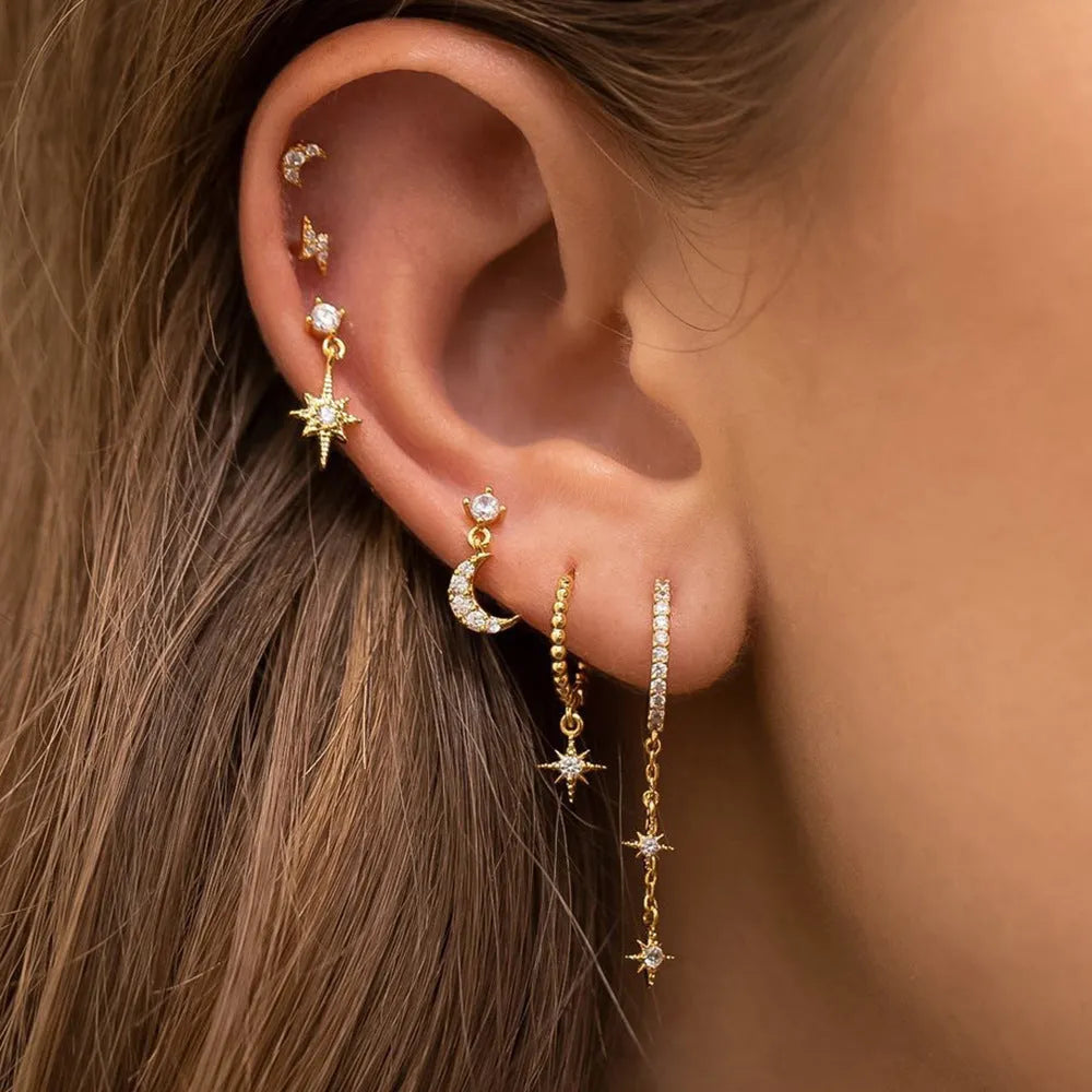XINGX gold colour chain tassel earrings with zircon studs, six-piece jewellery set