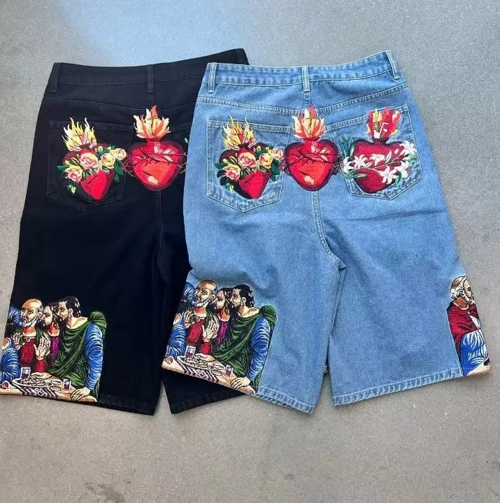 Blue tapered men's cotton shorts featuring a Jesus print design on the back pocket.
