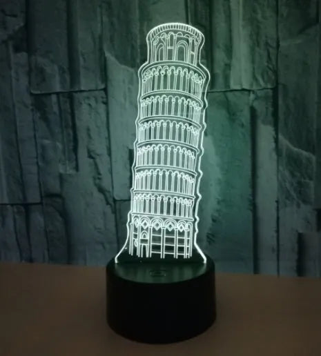 3D acrylic Leaning Tower of Pisa nightlight on black ABS base with USB cable and remote.