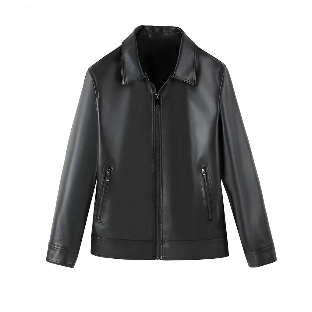 Black men's PU leather jacket with loose fit, zipper pockets, and windproof design for casual leisure wear