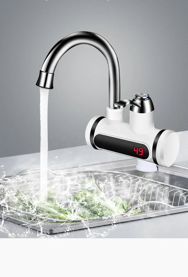 White 3000W instant electric water heater tap with digital temperature display and EU US plug options