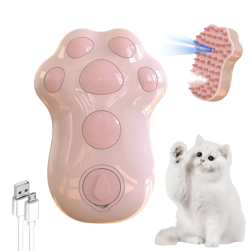 Self-cleaning cat steam brush with silicone bristles and release button in blue, green, or pink colours