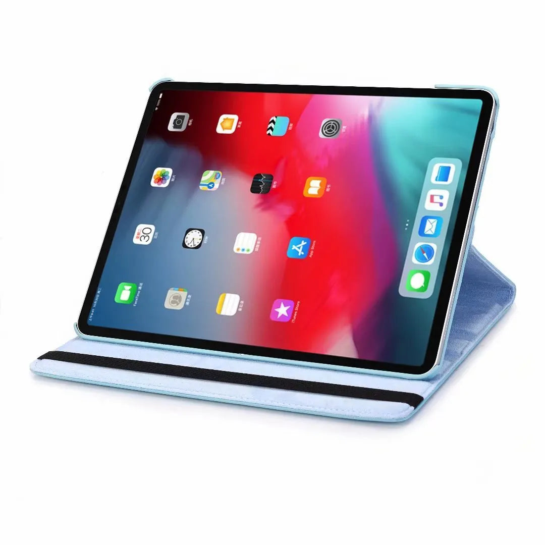 iPad rotating protective sleeve in imitation leather, showing clamshell design in solid colour options like black, blue, or pink.