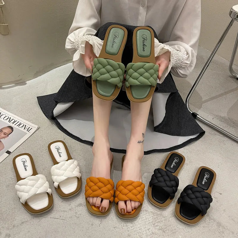 Women's plaid pattern PVC sandals with a thick non-slip sole in black, green, orange, or white.