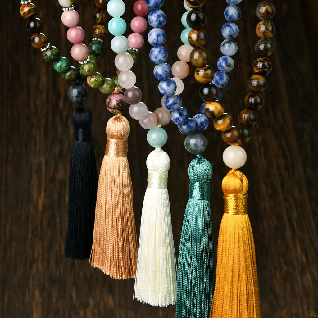 Long natural stone tassel necklace with 108 beads and mixed gem pendant