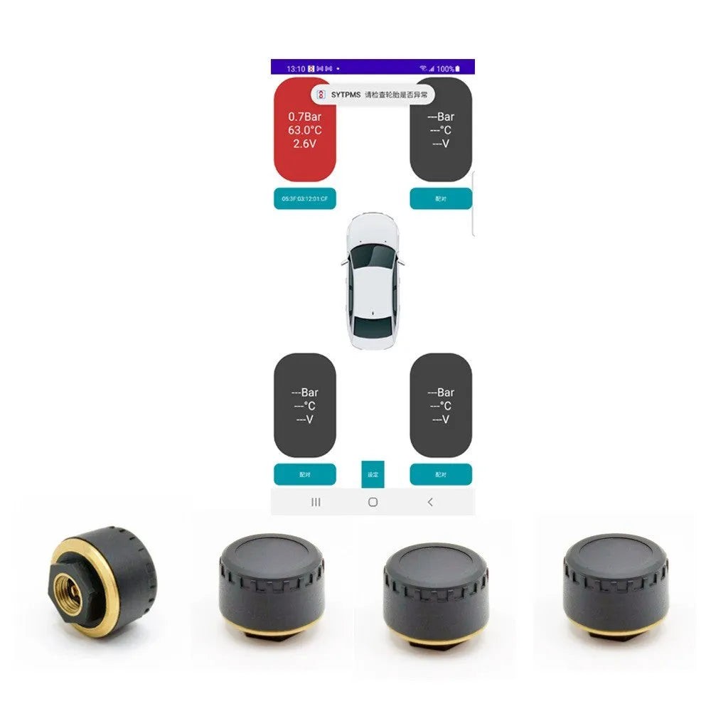 Set of four black Bluetooth tyre pressure monitor sensors for car wheels