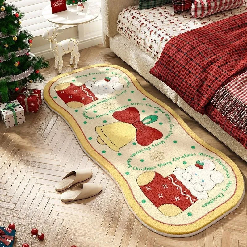 Christmas cashmere carpet decoration in imitation cashmere with festive patterns including ginger cake bear and Christmas tree designs