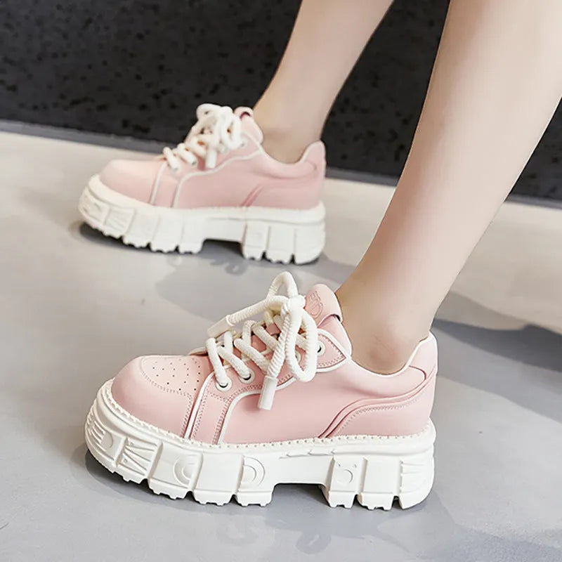 Women's beige leather muffin bottom casual shoes with rubber foam soles for height increase