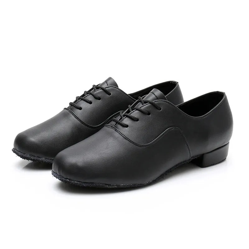 Men's black polished leather dancing shoes with a calf leather sole for indoor fitness.