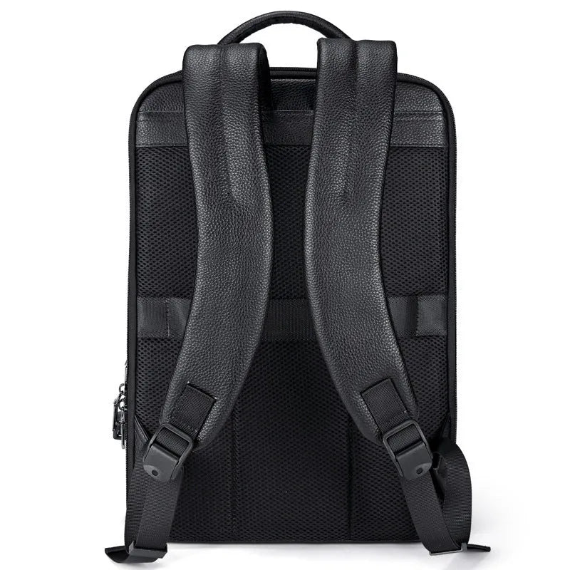 Black genuine leather men's business backpack with curved straps and a professional design.