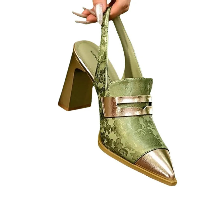 Women's black pointed-toe strap sandals with chunky high heel and elastic band