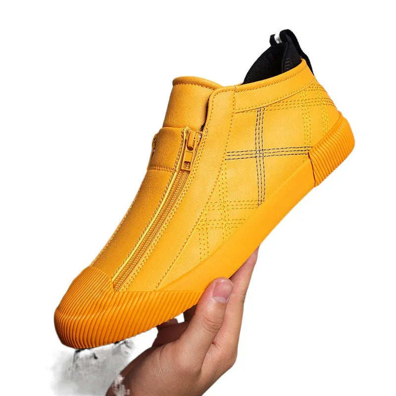 Breathable casual leather shoes with microfibre upper, side zipper, rubber sole, flat square heel, round toe, in black, beige or yellow