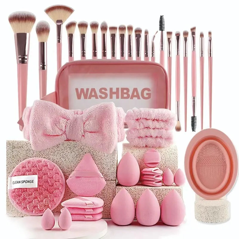 Hydrophilic non-latex beauty tools set in brown, pink and purple colours for facial cleansing and makeup