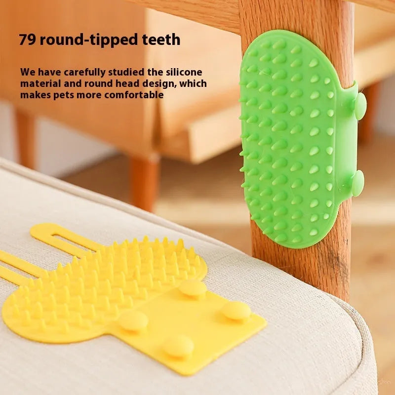 Silicone pet grooming comb with adjustable strap mounted on table leg for cats and dogs