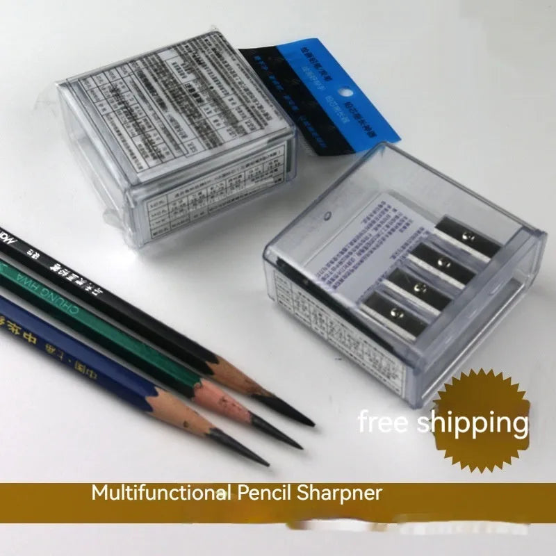Geometric plastic pencil sharpener with four holes for different pencil sizes, includes screwdriver