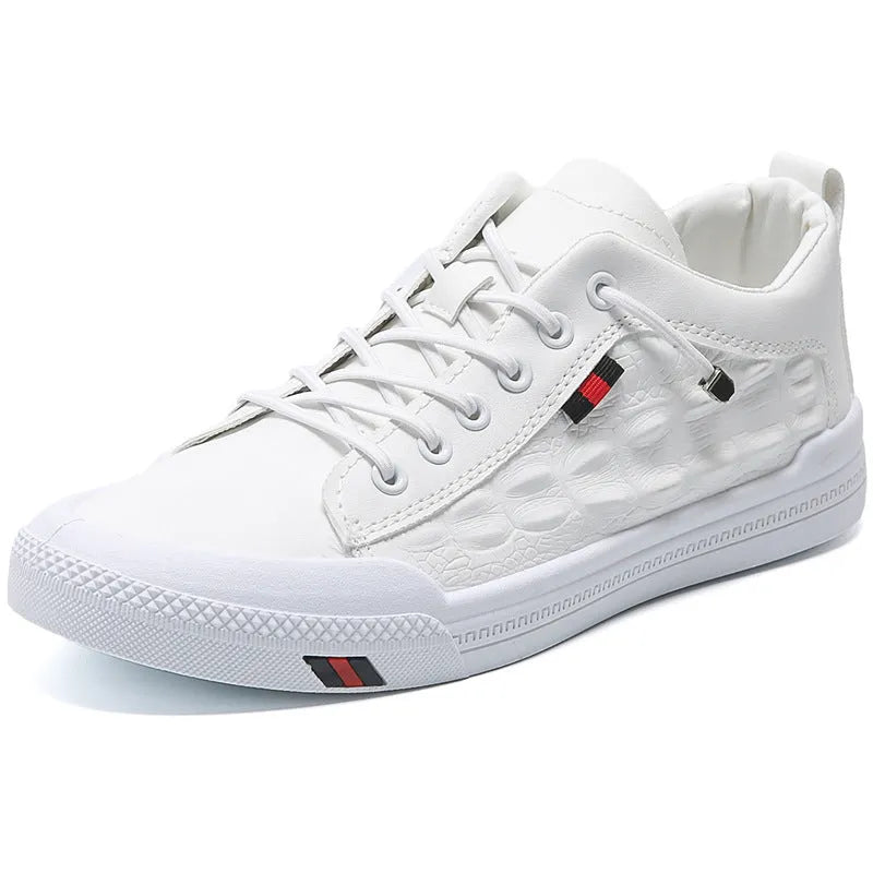 White men's round-toe casual sneakers with lace-up design and flat heel