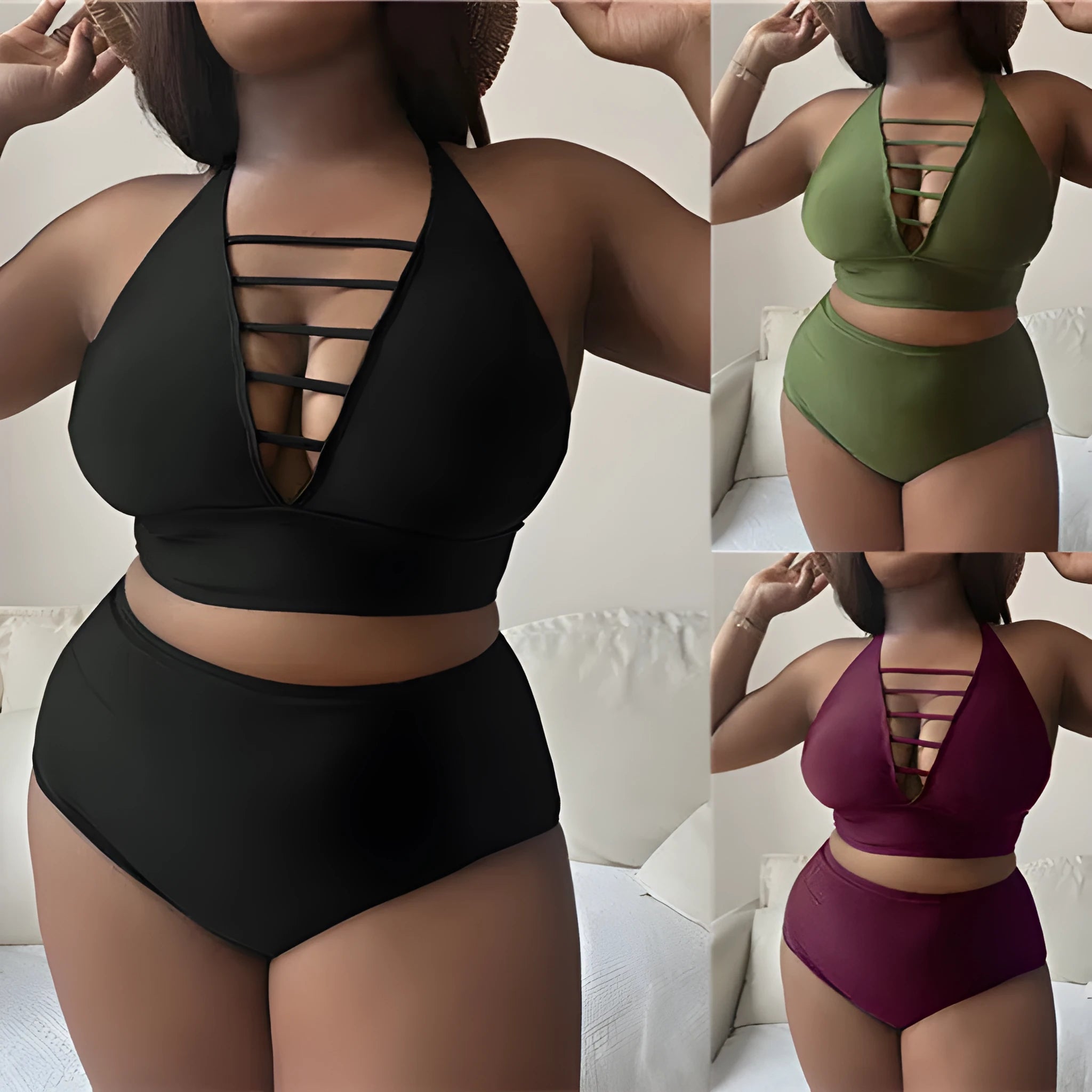 Plus size black halter bikini set with adjustable straps and high-waisted briefs on a mannequin