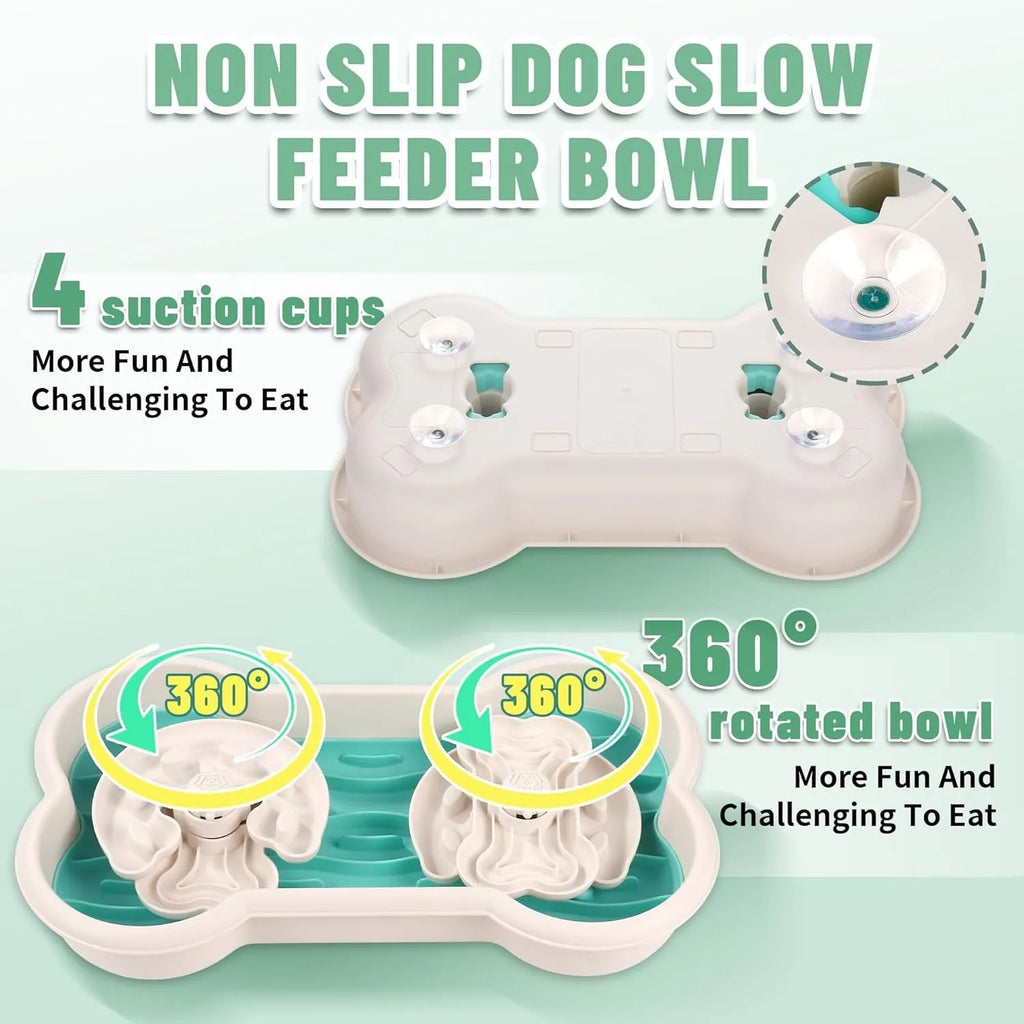 Large green slow feeder dog bowl with wave-pattern trays and suction cups on a wooden floor.