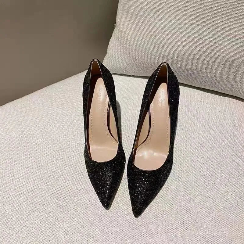 Women's wedding shoes with crystal decoration in silver and black colours with different heel height options