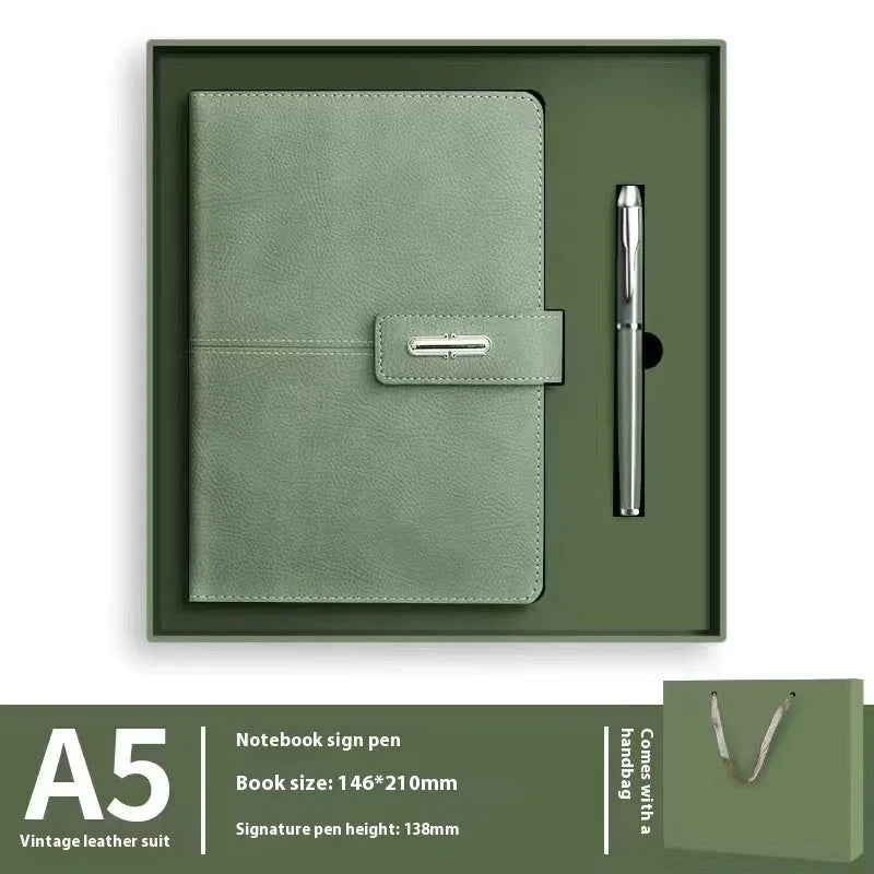 A5 notebook with a PU leather cover, open to show wood-free paper pages.