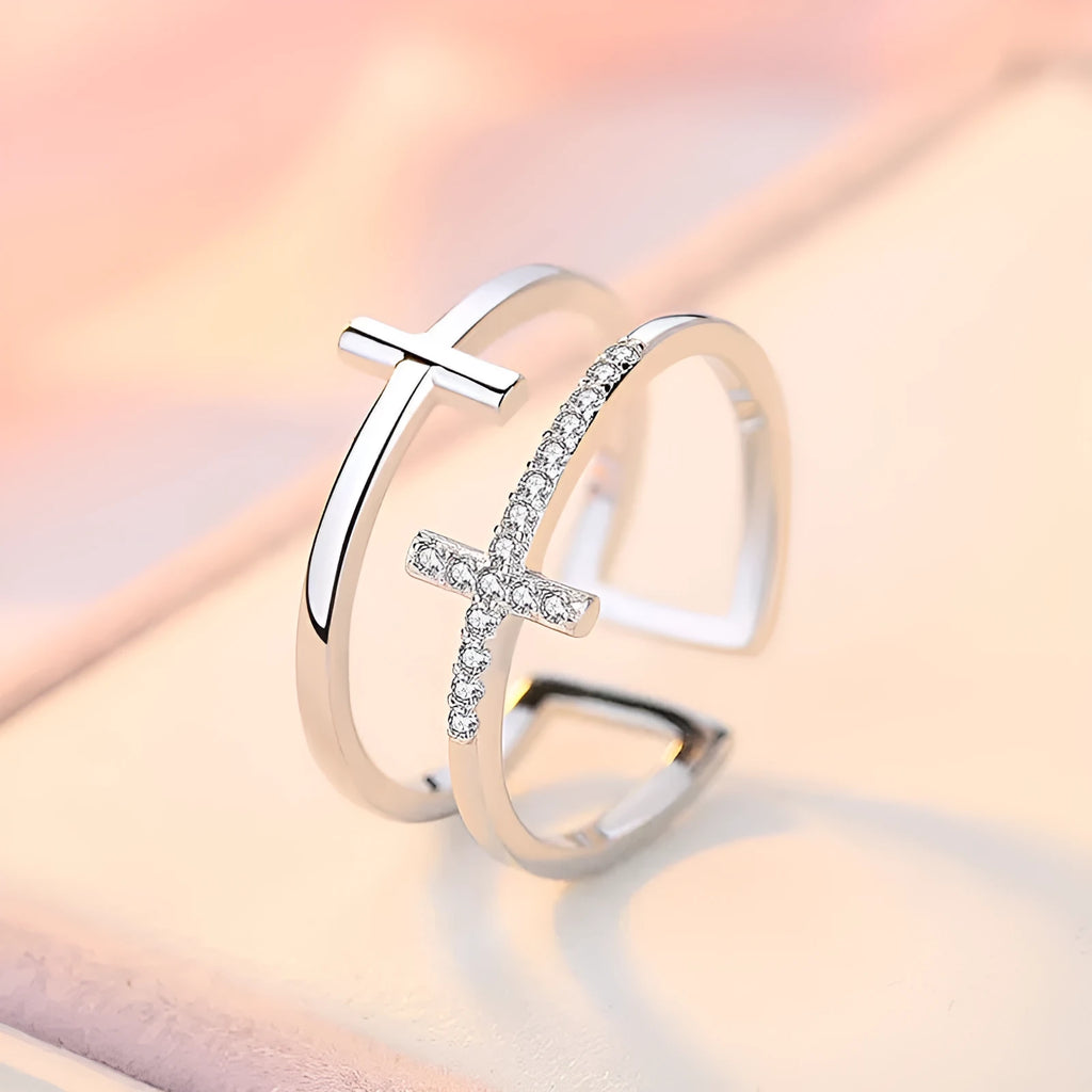 Adjustable copper ring with zircon stones in geometric design, showing open ring construction