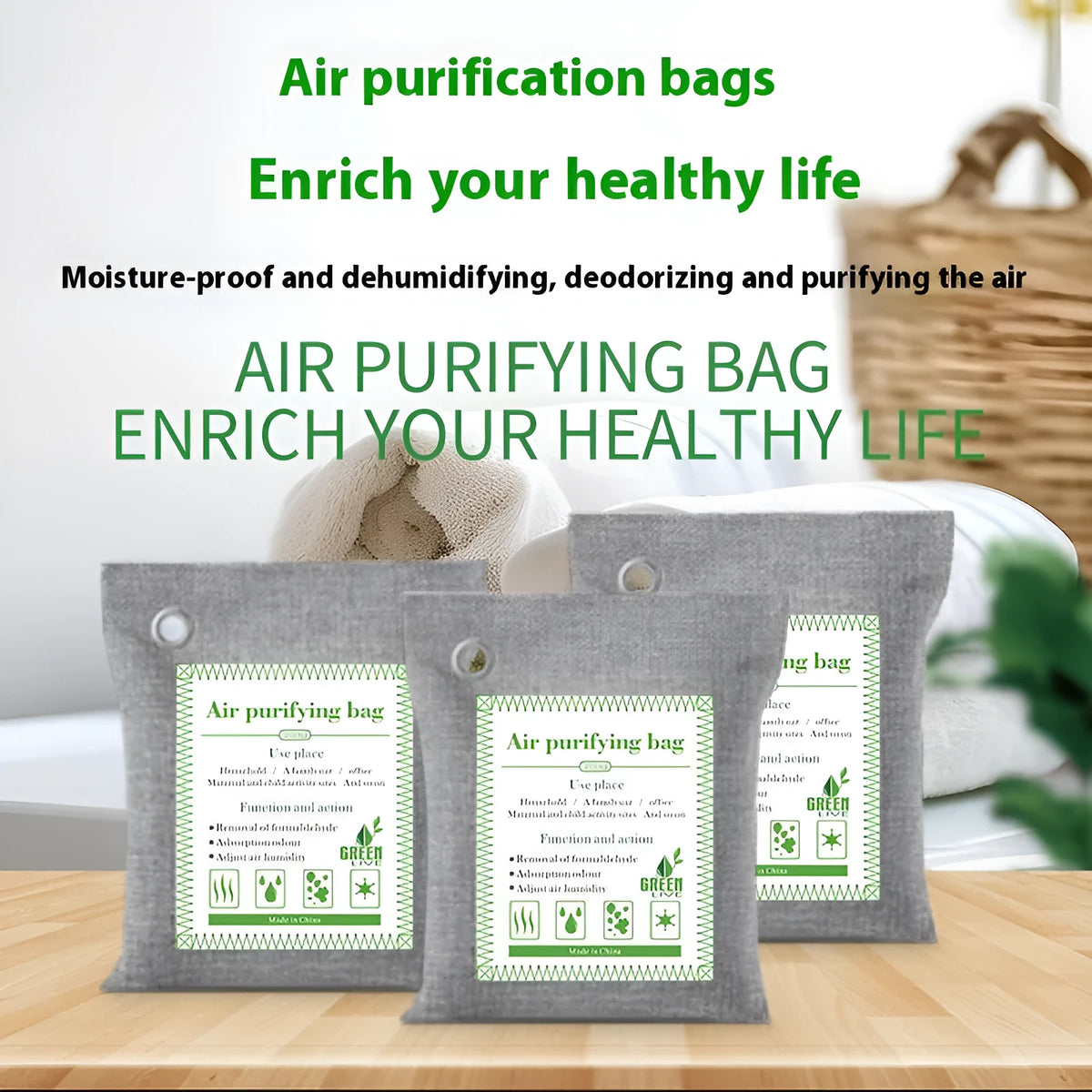 Sewn fabric bag filled with bamboo charcoal for formaldehyde removal and air purification.