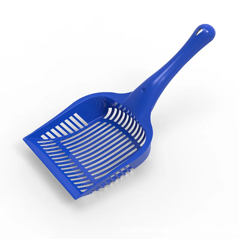 Red, yellow, and blue plastic cat litter scoops in small and medium sizes on a white background.