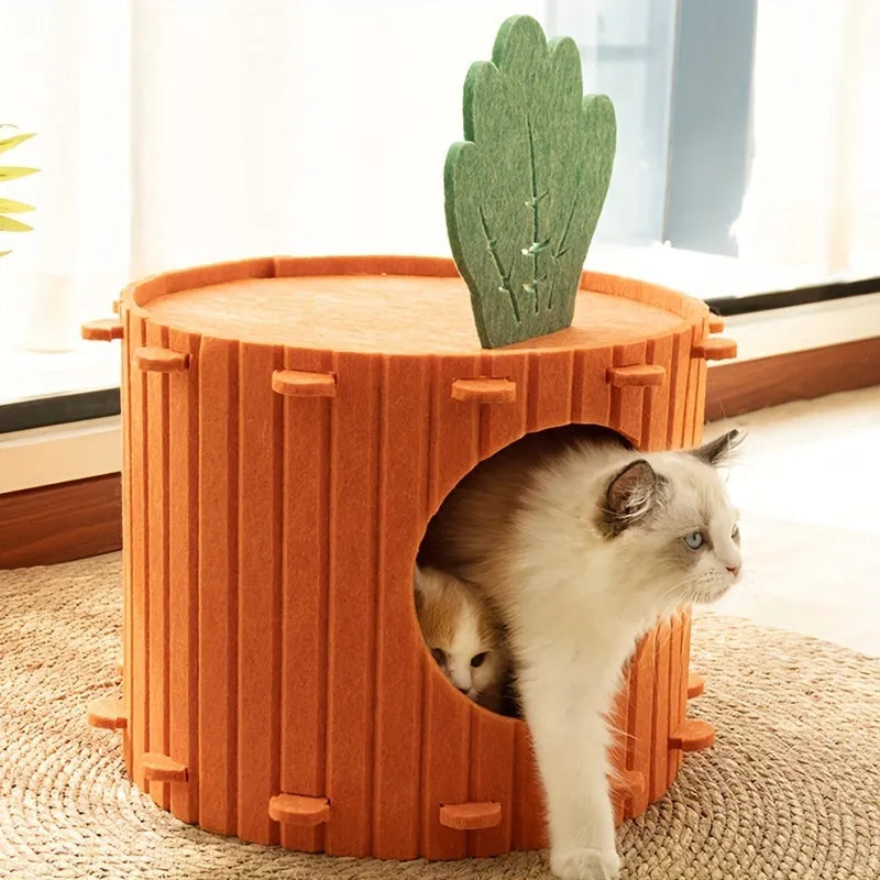 Carrot-shaped grey felt cat tunnel nest, semi-enclosed with drilled openings, shown in two sizes.