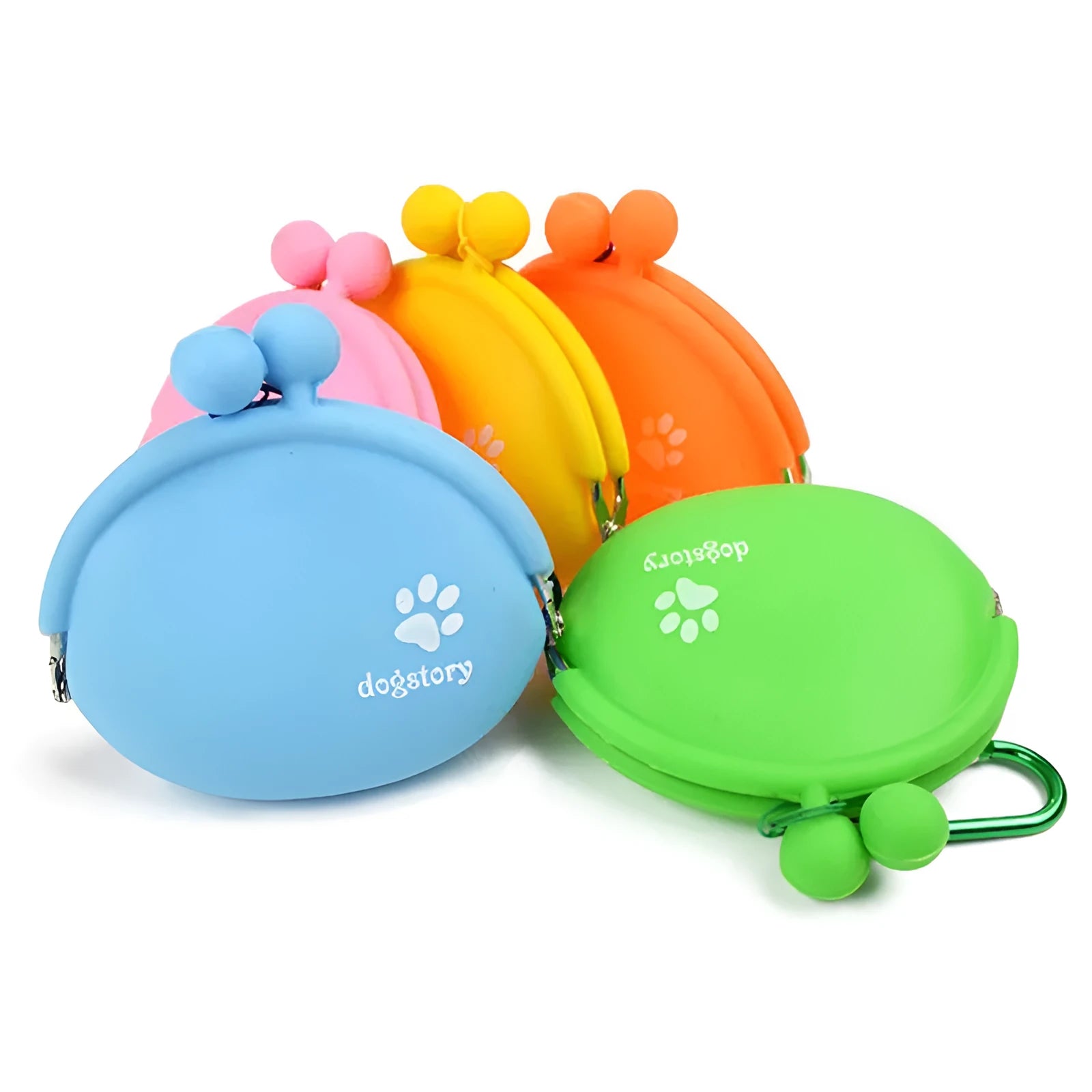 Silicone dog treat pouch with hook and loop closure in yellow, green, orange, blue, and pink for pet training