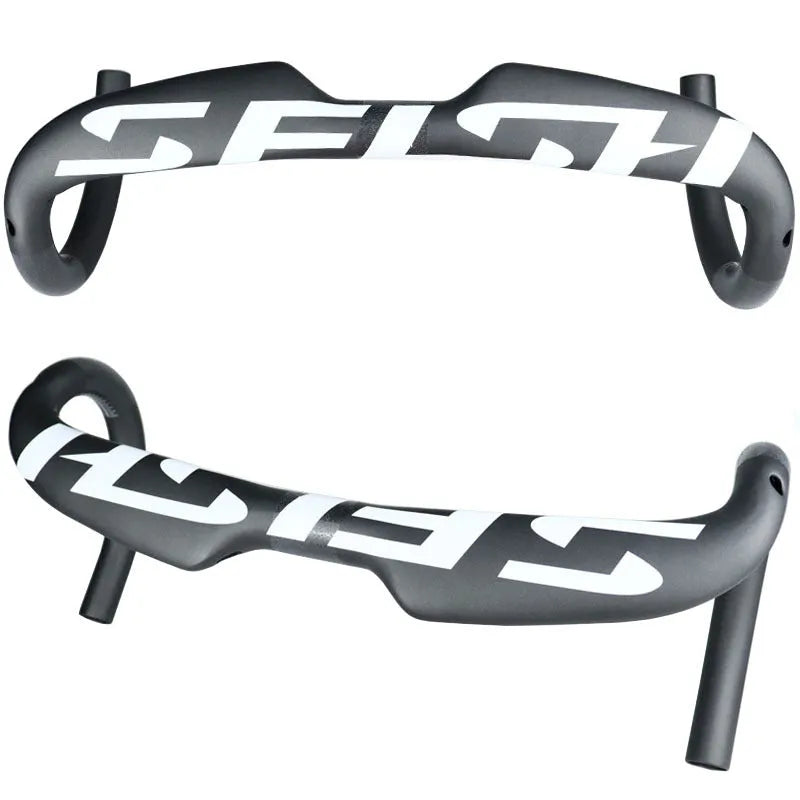 Carbon fibre road bike bent handlebar shown in black, with close-up of 31.8mm clamp area and bar ends.