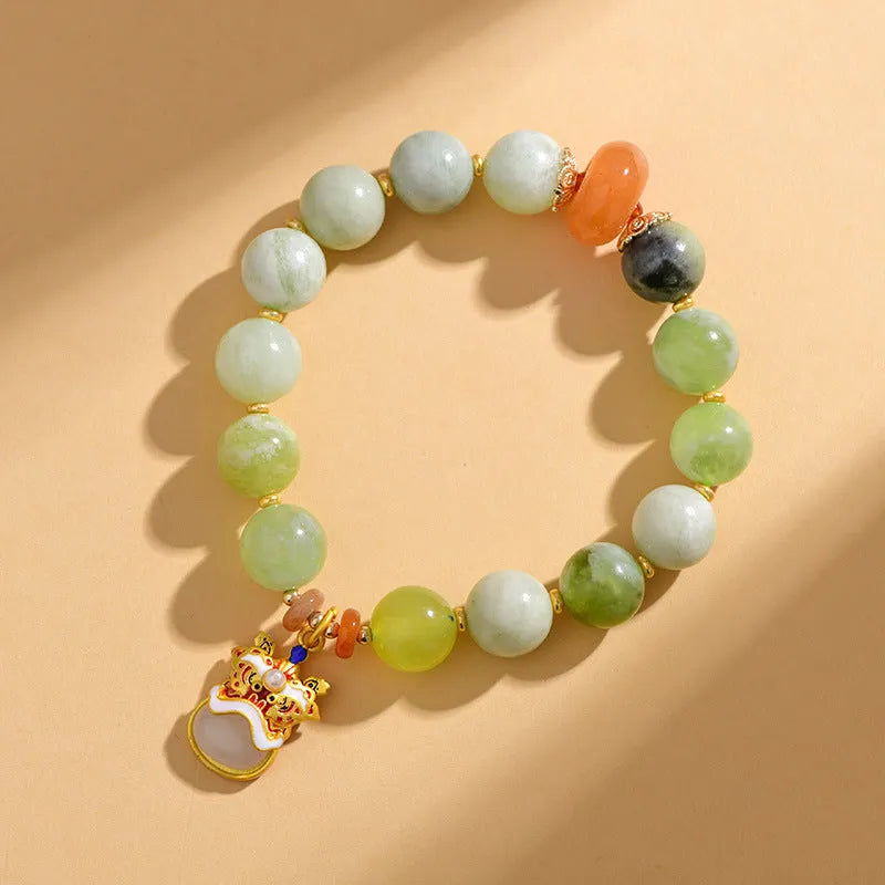 Green milk-in-water jade bracelet with 10mm geometric beads in retro women's style