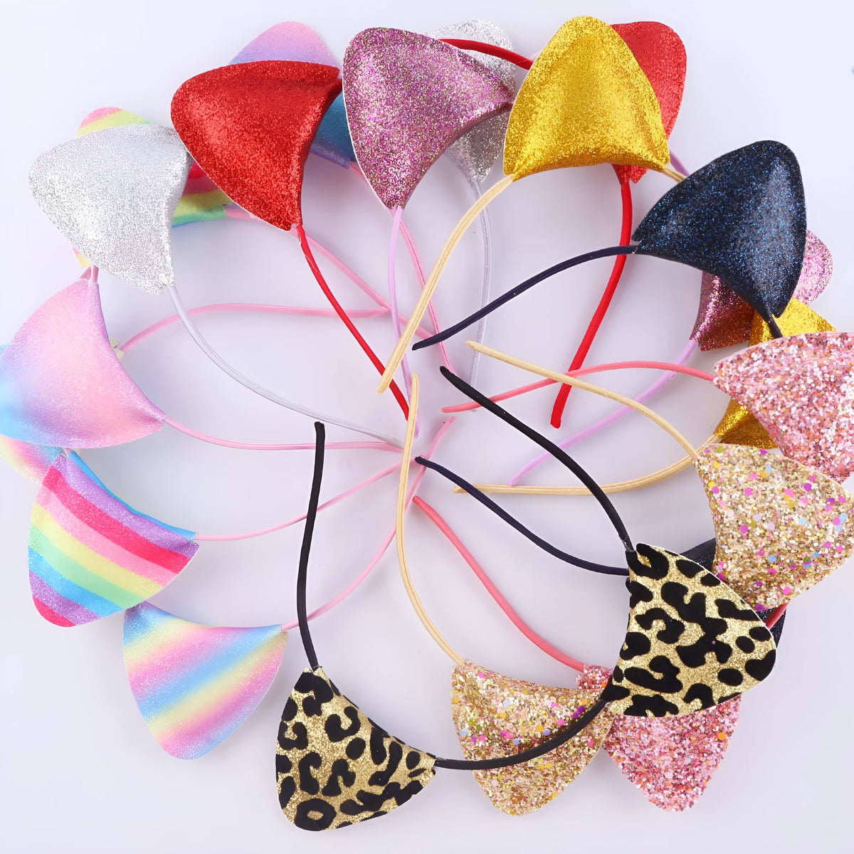 Cat ear cloth headband hair pin for women in gradient, rainbow, and leopard print colour options