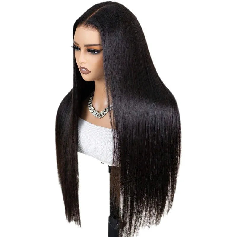A straight, black human hair wig with a natural lace front hairline, shown at a long length.