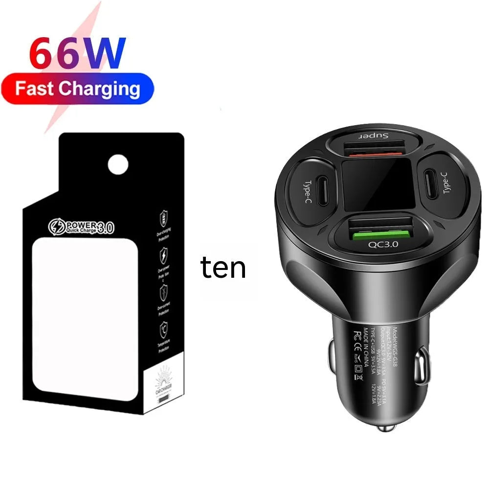 66W digital display car charger with two USB and two Type-C ports showing voltage readout