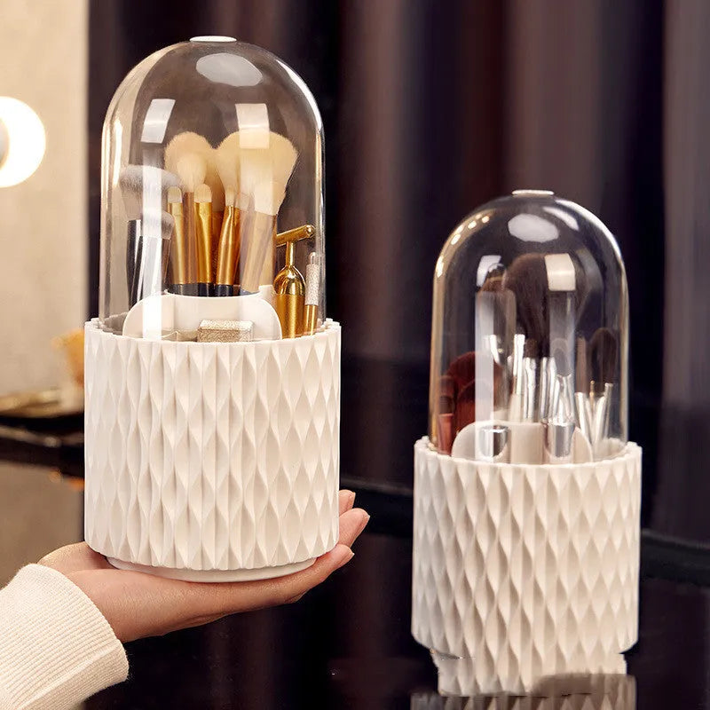 Transparent acrylic makeup brush storage box with rotating base and dustproof lid