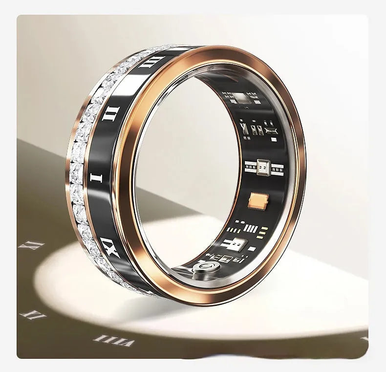 Gold and silver diamond inlaid smart ring for health monitoring on a finger.
