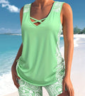 Women's printed split boxer swimsuit set with matching top in various colours and sizes.