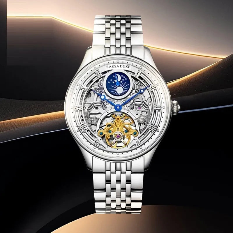 Men's waterproof business casual watch with steel strap, showing white dial and 16mm thickness.