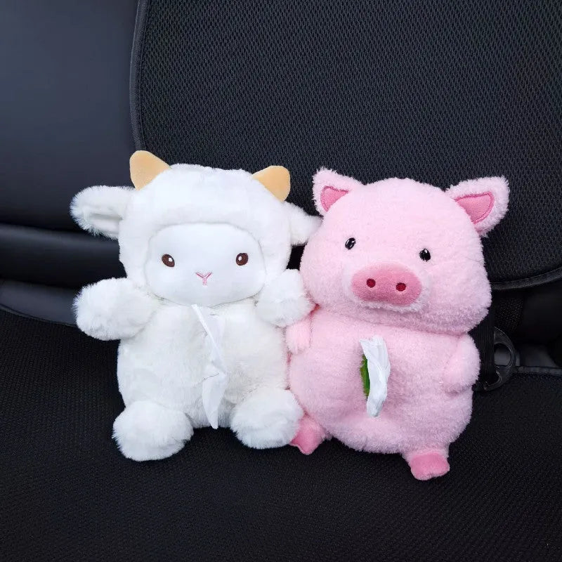 Plush cartoon car tissue box with lamb character design for vehicle and home use