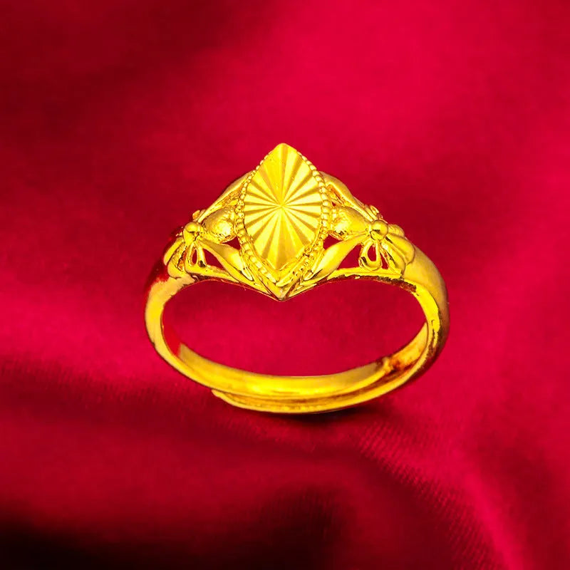 Girls' alluvial gold geometric ring with open diamond flower pattern and textured brass construction