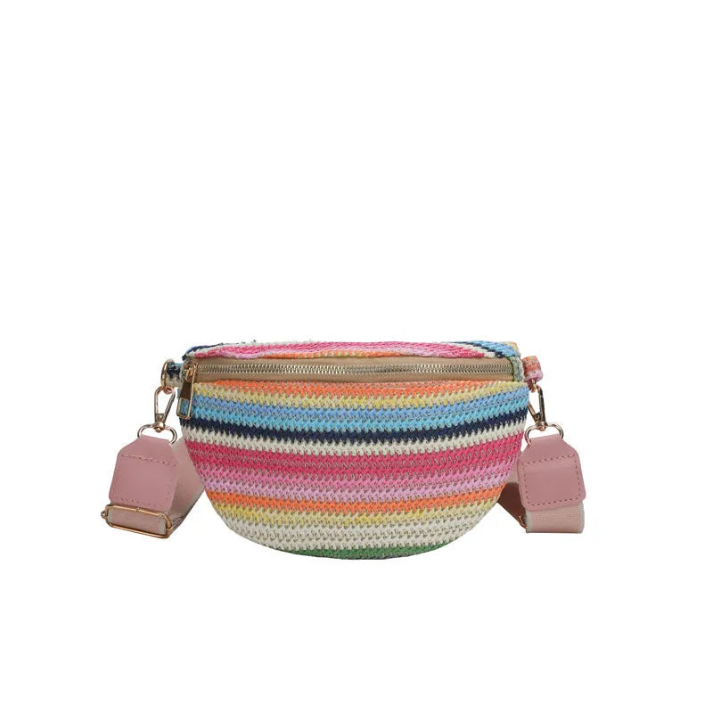 Blue straw woven women's beach bag with zippered pocket and single shoulder strap